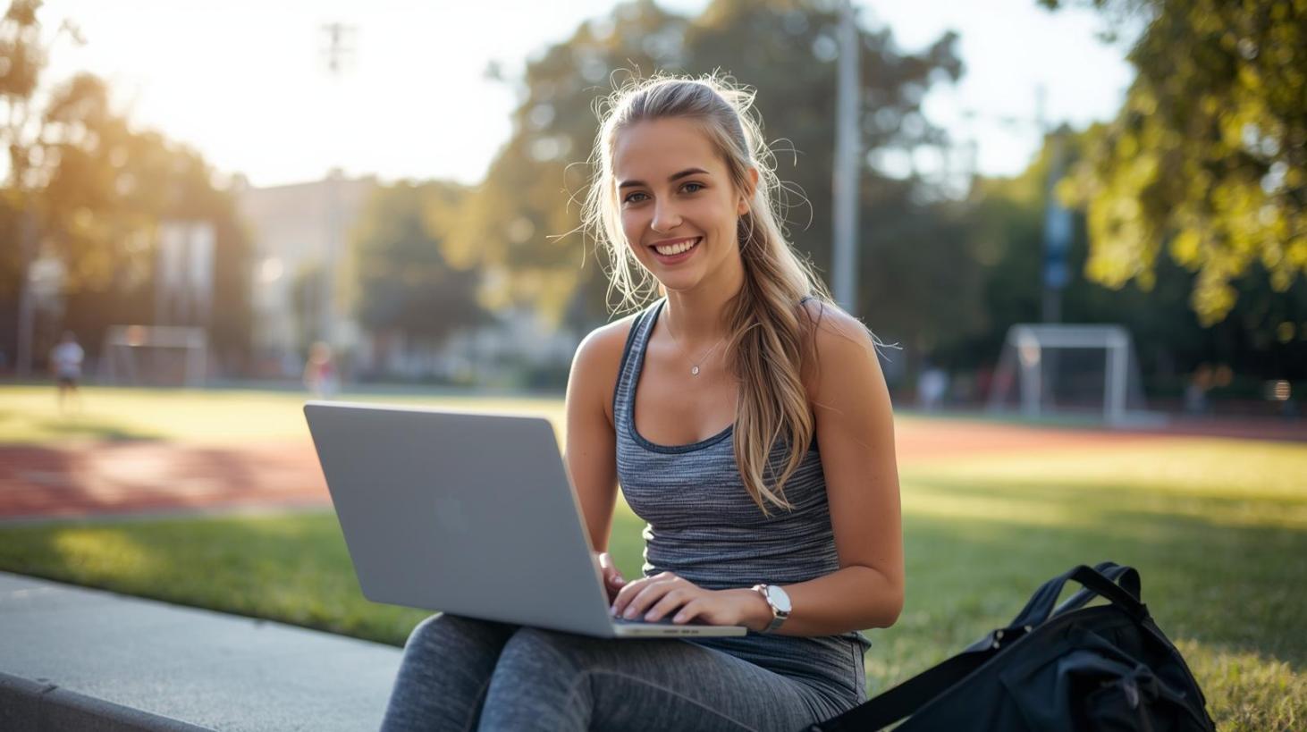 Student athlete smiling on campus using laptop while preparing academics before training season.