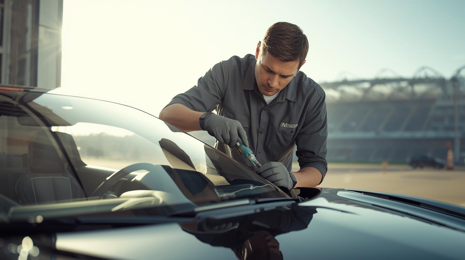 Technician repairing windshield chip on sports car near stadium in bright daylight scene.